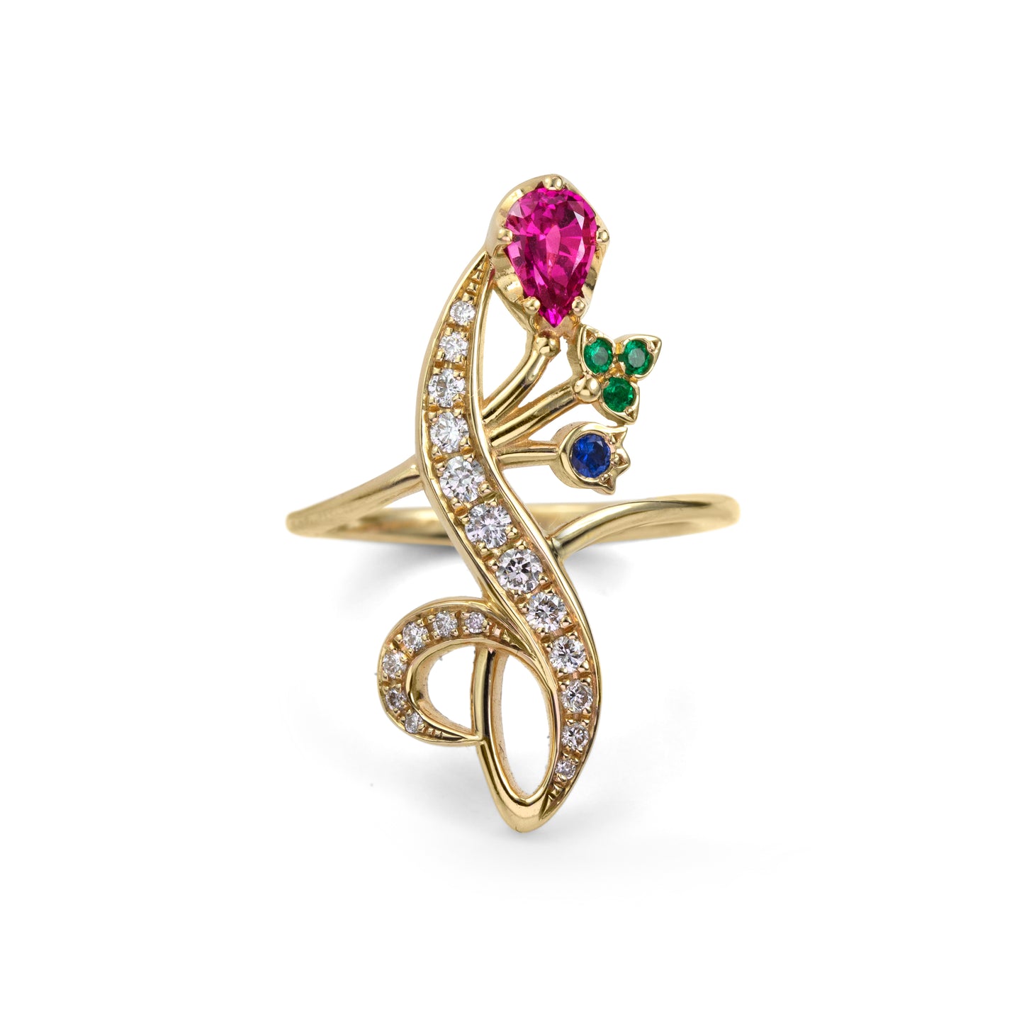 Fancy yellow gold and gemstone giardinetti style  ring with curving diamond set leaf design and multi gem pink sapphire, emerald and blue sapphire  flower accents.