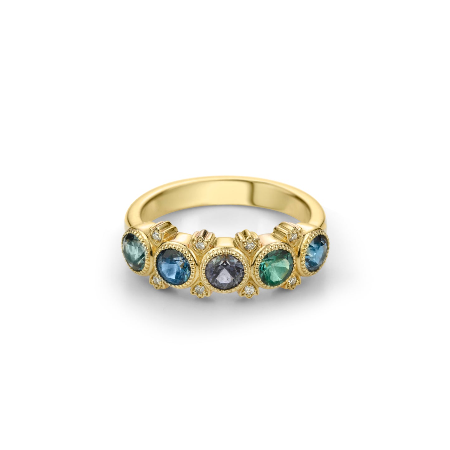 22K Yellow Gold Love Stacking Ring With London Blue Topaz, Mint  Tourmalines And Diamonds Set In 18K White Gold Bezel