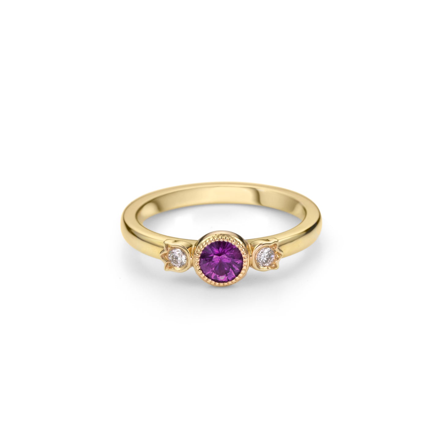 Yellow gold stackable ring with round beaded bezel set plum purple sapphire and diamonds in flower setting on each side.